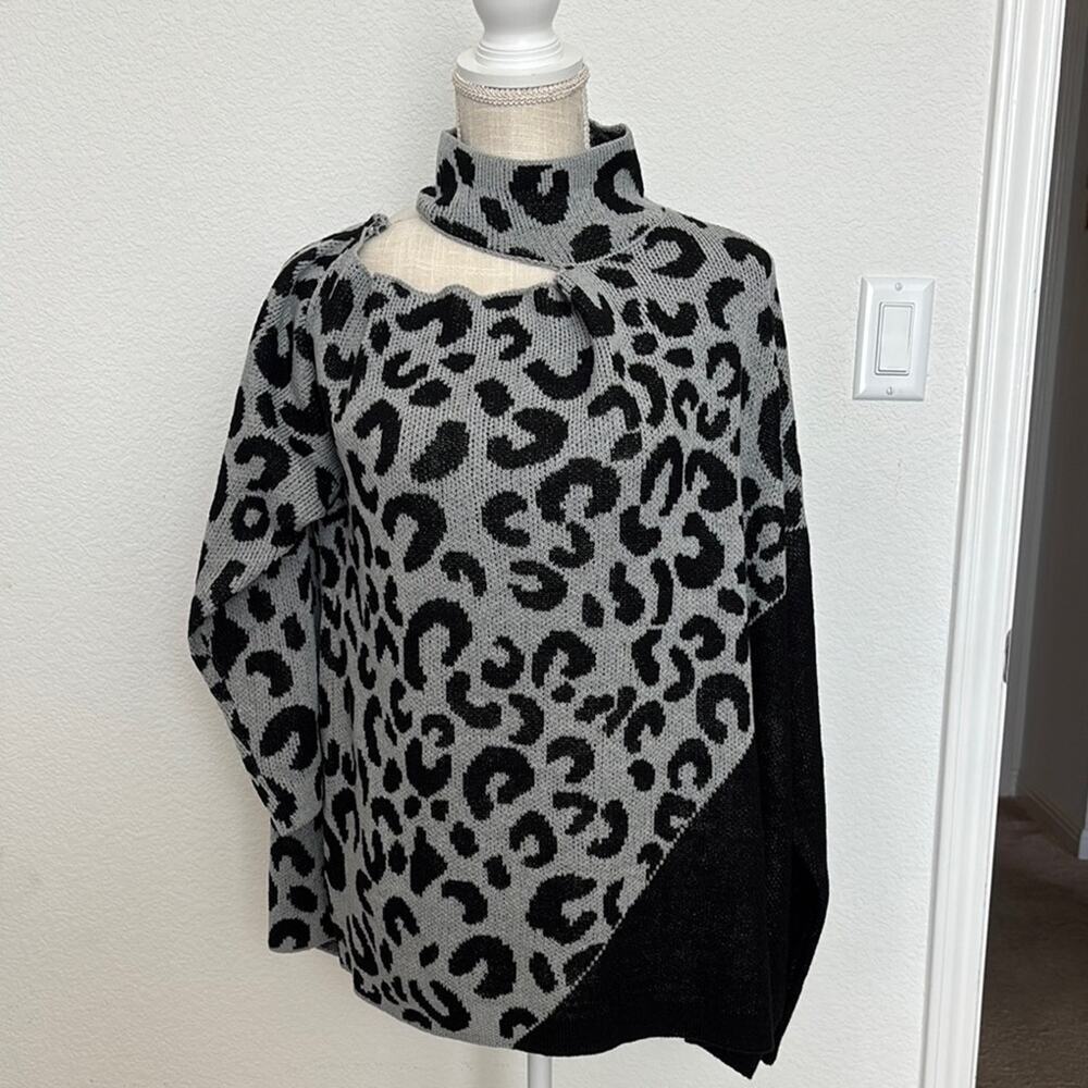 89th Madison Cheetah Print Women's Sweater Black Gray Casual Turtleneck NWT 2X